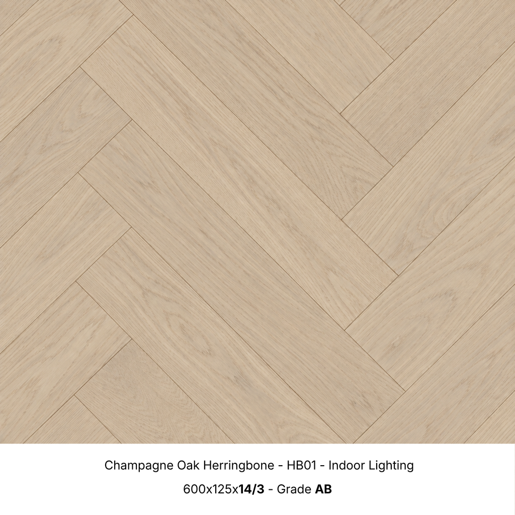 Champagne Oak engineered herringbone timber flooring under indoor lighting