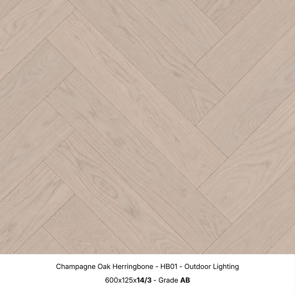 Champagne Oak engineered herringbone timber flooring under natural outdoor lighting