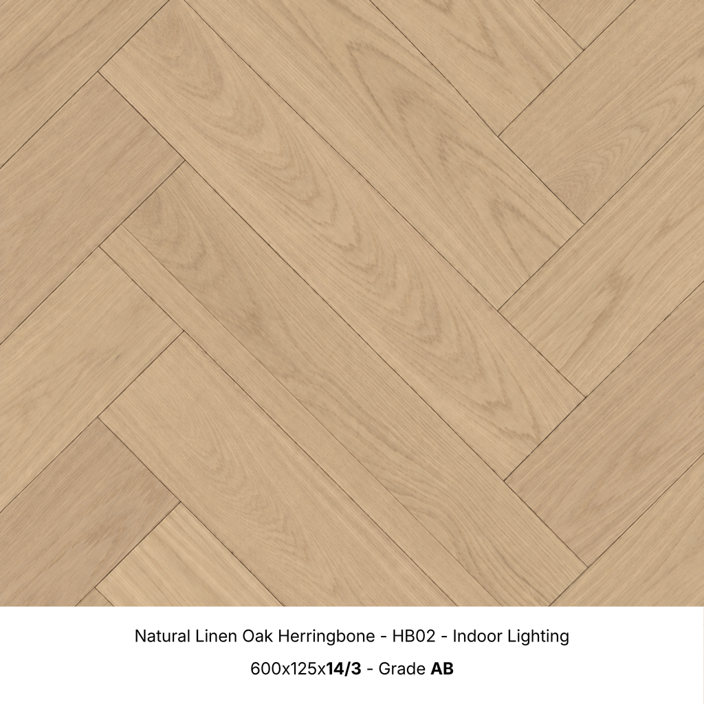 Natural Linen Oak engineered herringbone timber flooring under indoor lighting