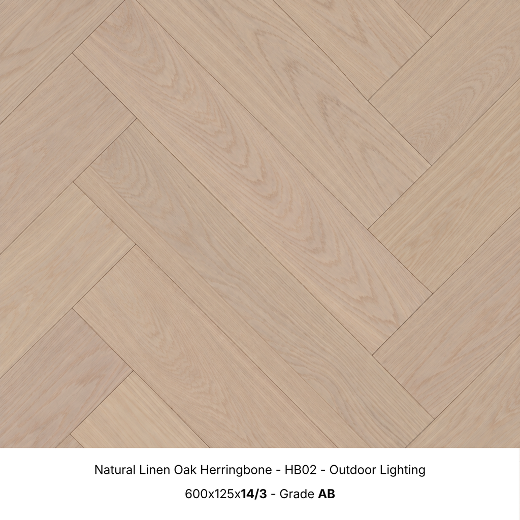 Natural Linen Oak engineered herringbone timber flooring under natural outdoor lighting