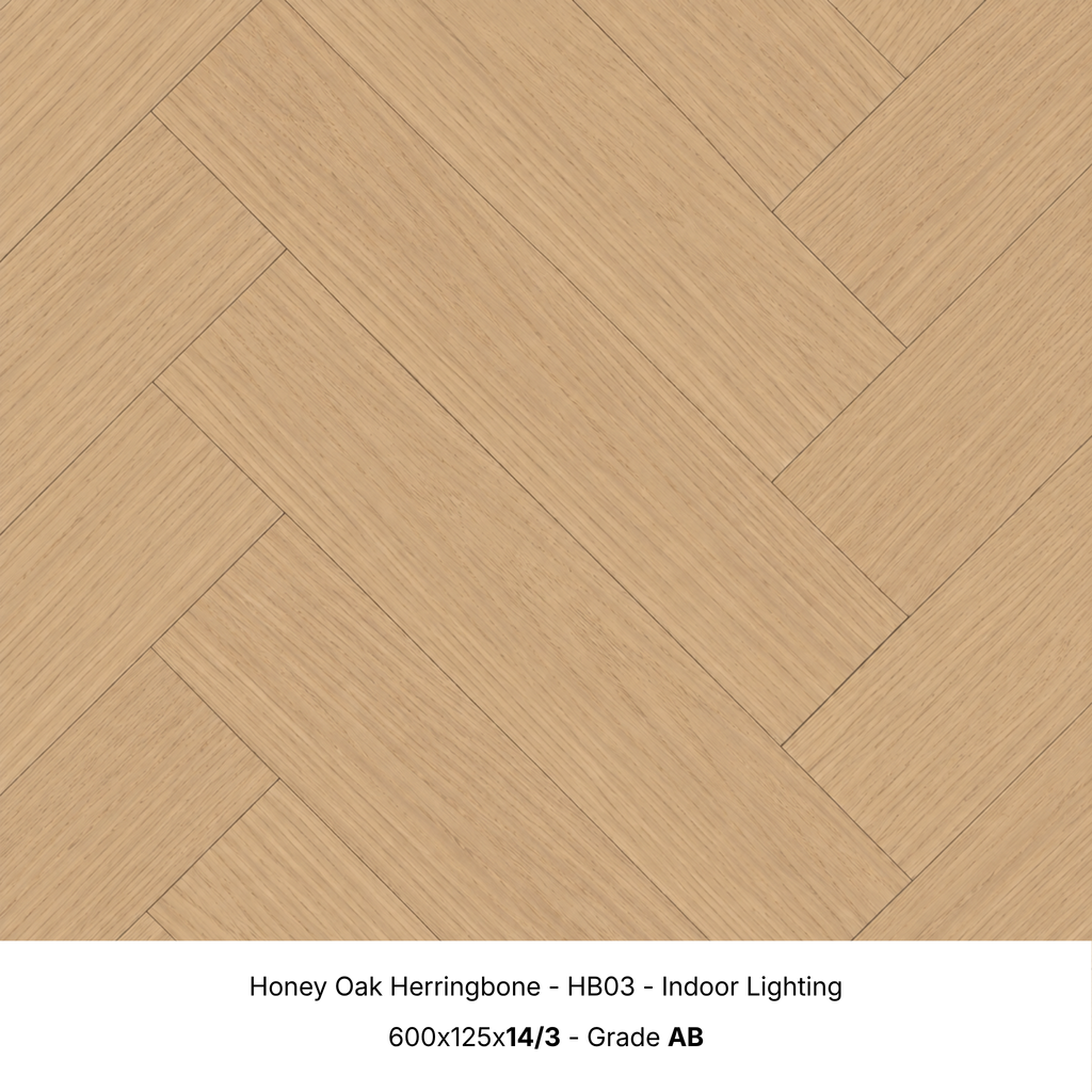 Honey Oak engineered herringbone timber flooring under indoor lighting