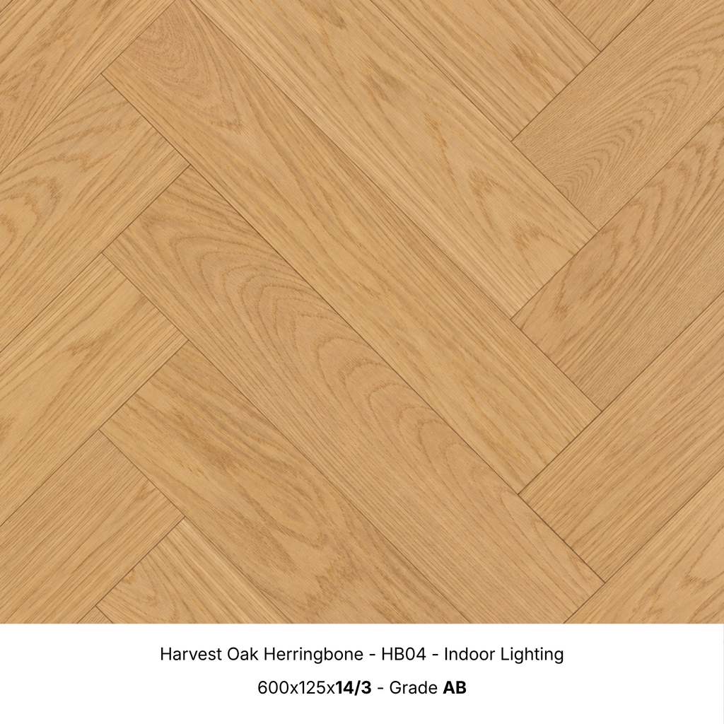 Harvest Oak engineered herringbone timber flooring under indoor lighting