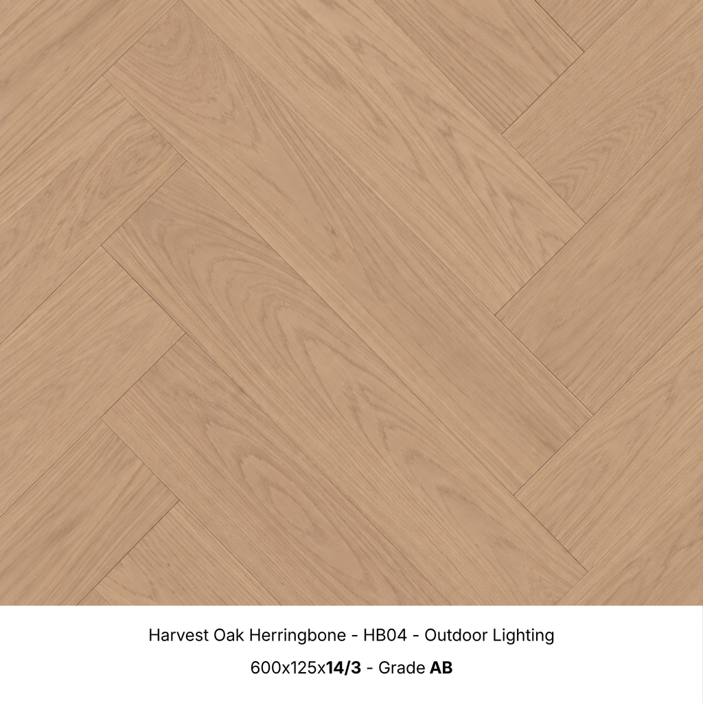 Harvest Oak engineered herringbone timber flooring under natural outdoor lighting