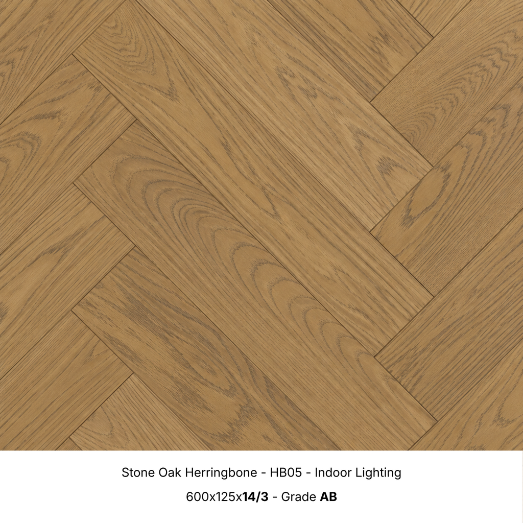 Stone Oak engineered herringbone timber flooring under indoor lighting