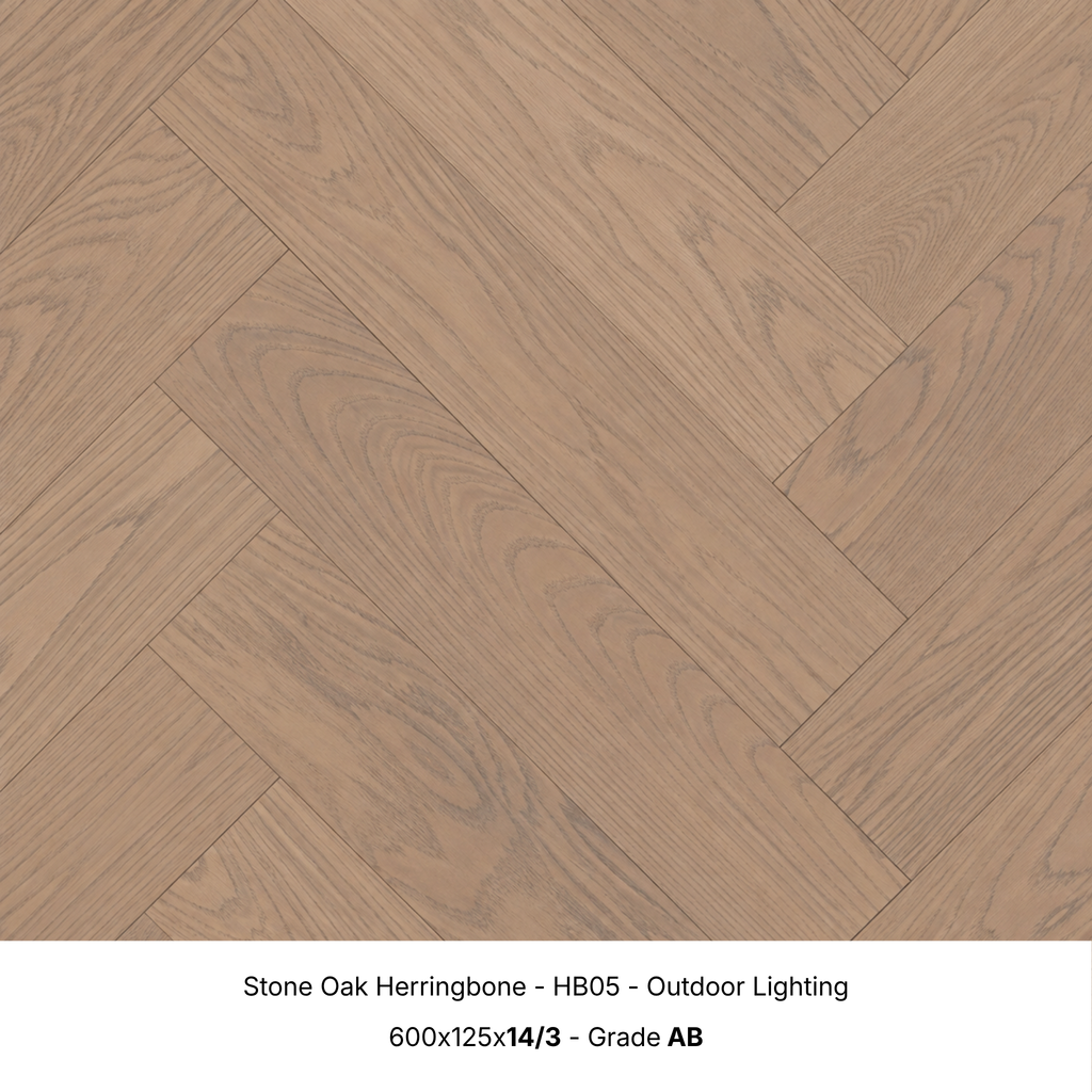 Stone Oak engineered herringbone timber flooring under natural outdoor lighting