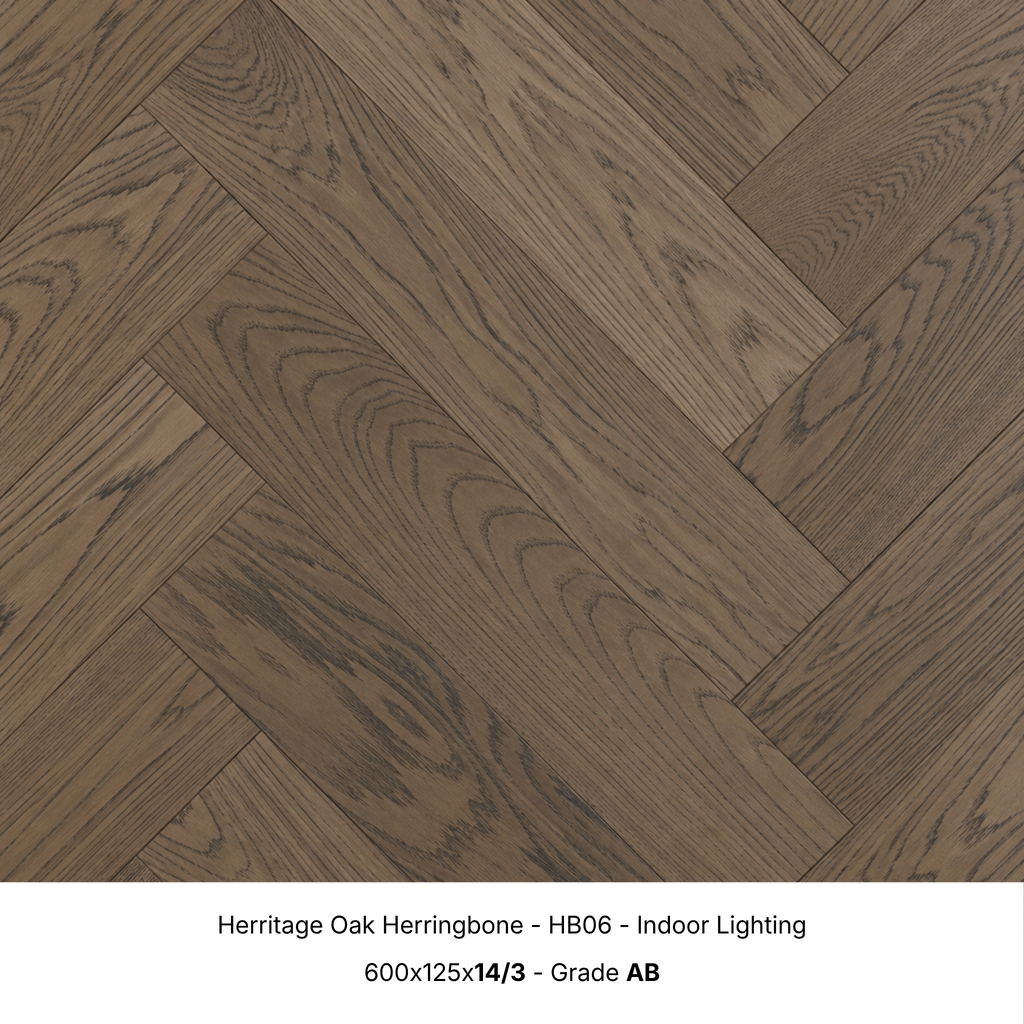 Herritage Oak engineered herringbone timber flooring under indoor lighting