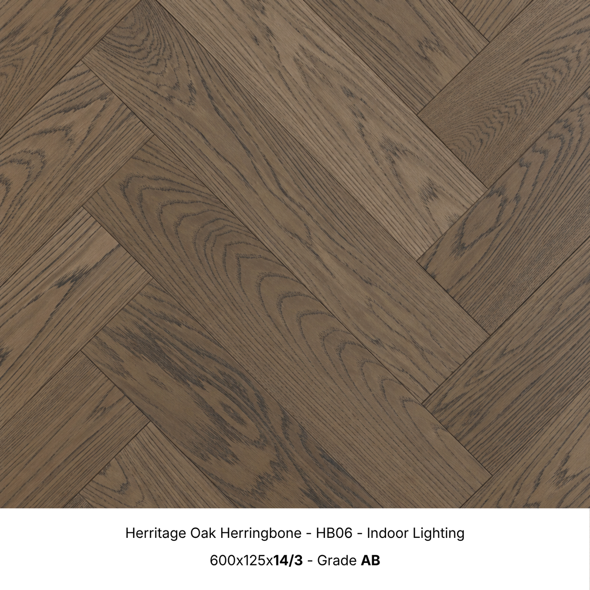 Herritage Oak engineered herringbone timber flooring under indoor lighting