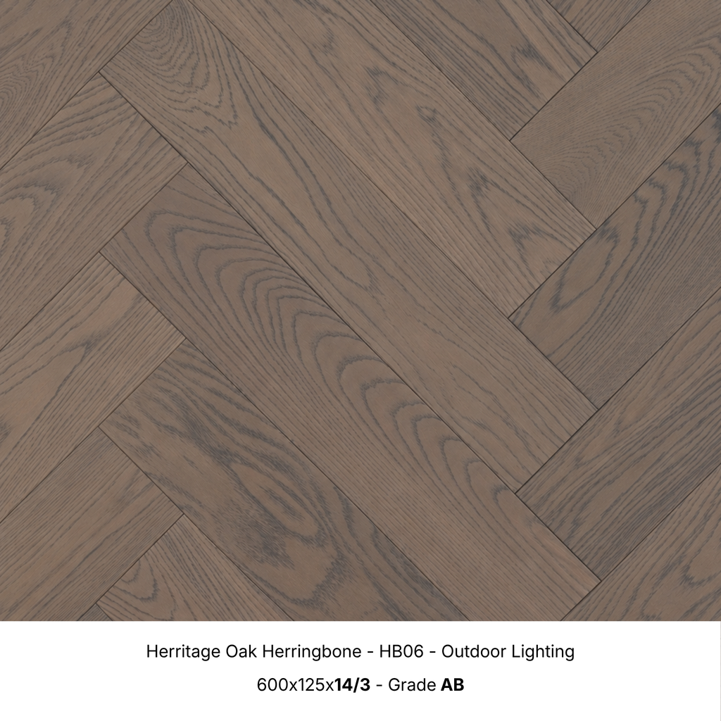 Herritage Oak engineered herringbone timber flooring under natural outdoor lighting