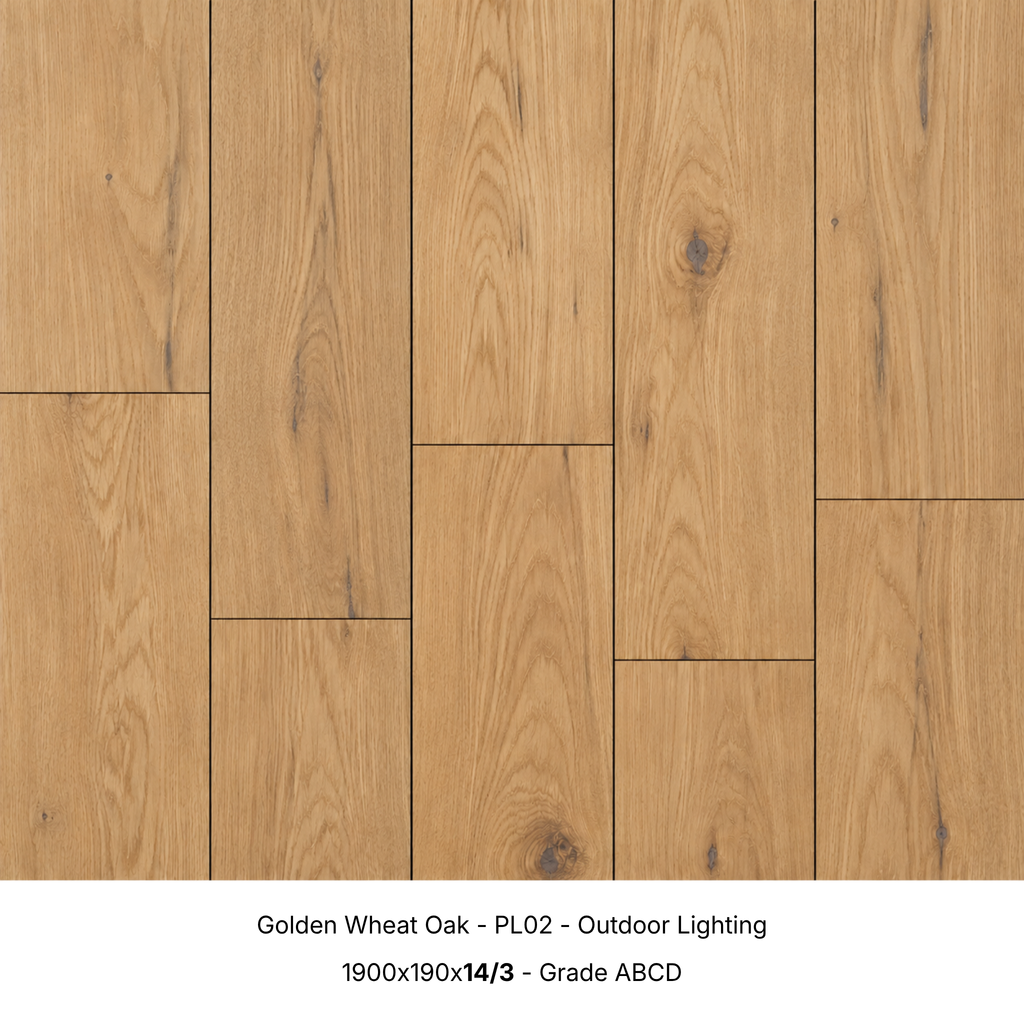 Golden Wheat Oak engineered timber flooring under natural outdoor lighting