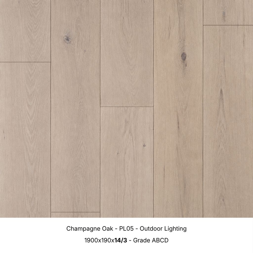 Champagne Oak engineered timber flooring under natural outdoor lighting